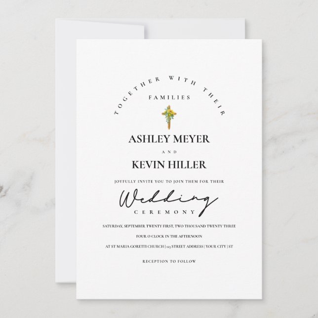Eucalyptus & Sunflowers Wooden Cross Wedding Invitation (Front)