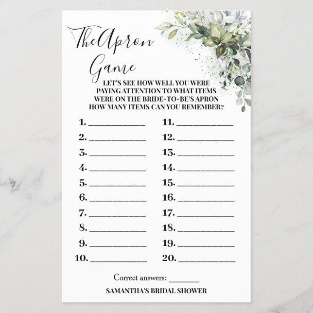 Eucalyptus The Apron Bridal Shower Game Card (Front)