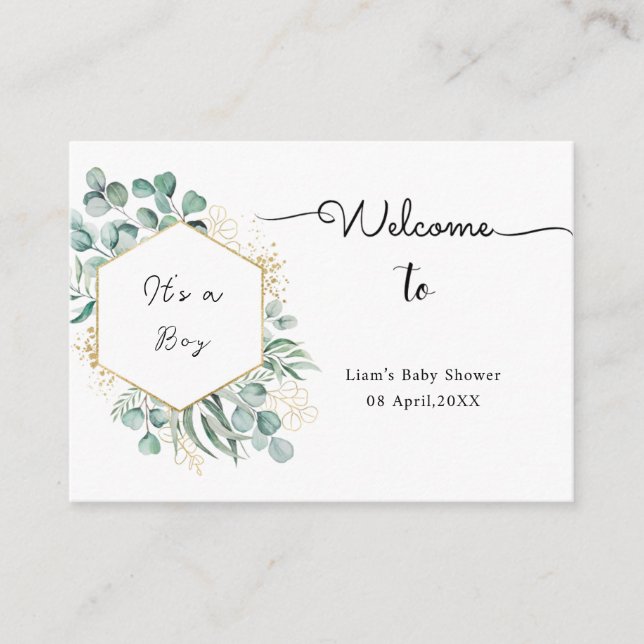 Eucalyptus-themed baby shower enclosure card (Front)