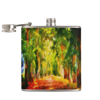 Eucalyptus Tree Lined Avenue Pointillism Art Hip Flask