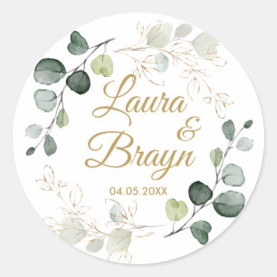 Eucalyptus Twigs Gold Leaves Wedding Classic Round Sticker