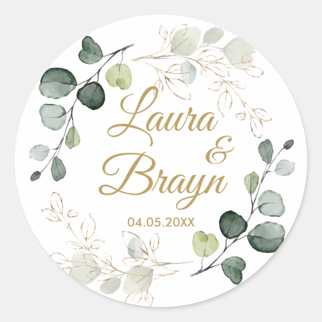 Eucalyptus Twigs Gold Leaves Wedding Classic Round Sticker (Front)