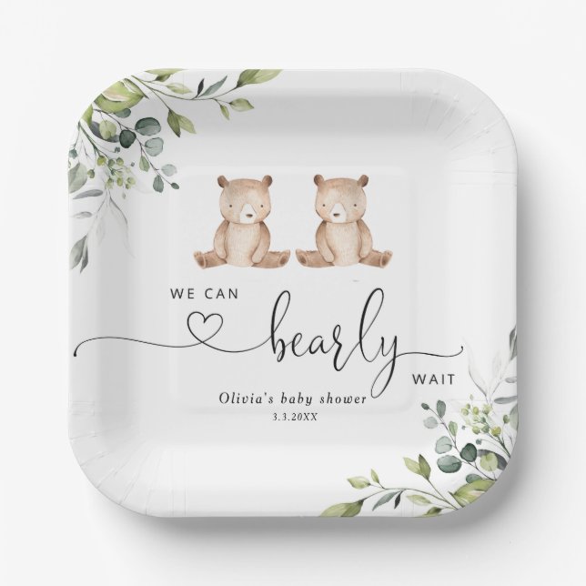 Eucalyptus twin bears baby shower paper plate (Front)
