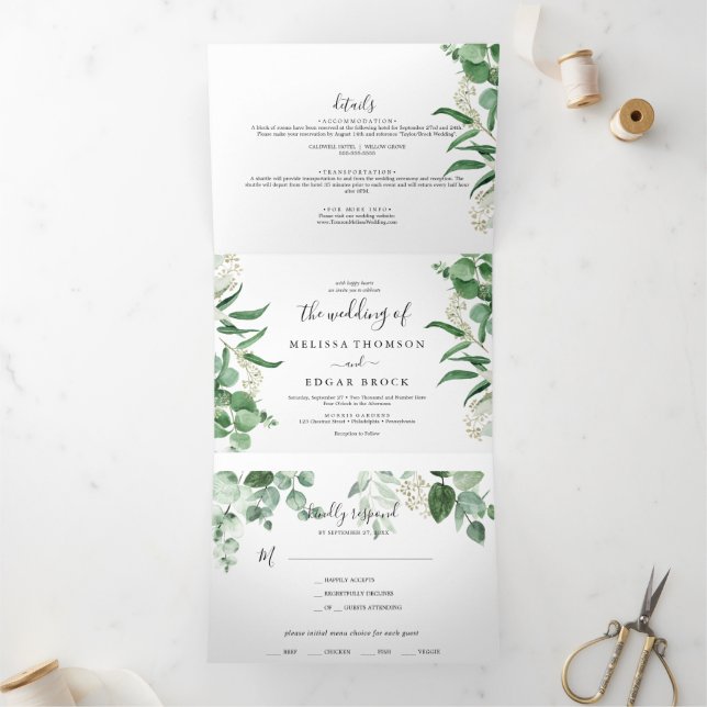 Eucalyptus vegetation| Green Leaf Wedding Tri-Fold Card (Inside)