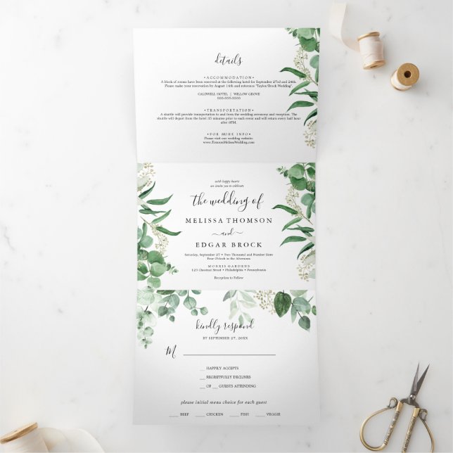  Eucalyptus vegetation| Green Leaf Wedding Tri-Fold Invitation (Inside)