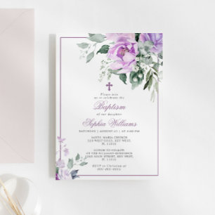 Eucalyptus Violet Flowers Baptism Invitation
