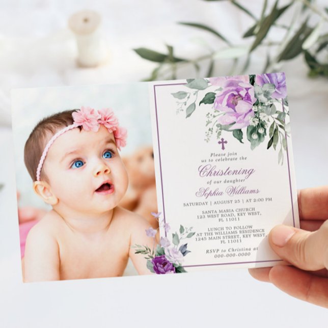 Eucalyptus Violet Flowers Photo Girl Christening Invitation (Creator Uploaded)