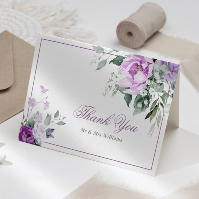 Eucalyptus Violet Flowers Wedding Thank You Card (Creator Uploaded)
