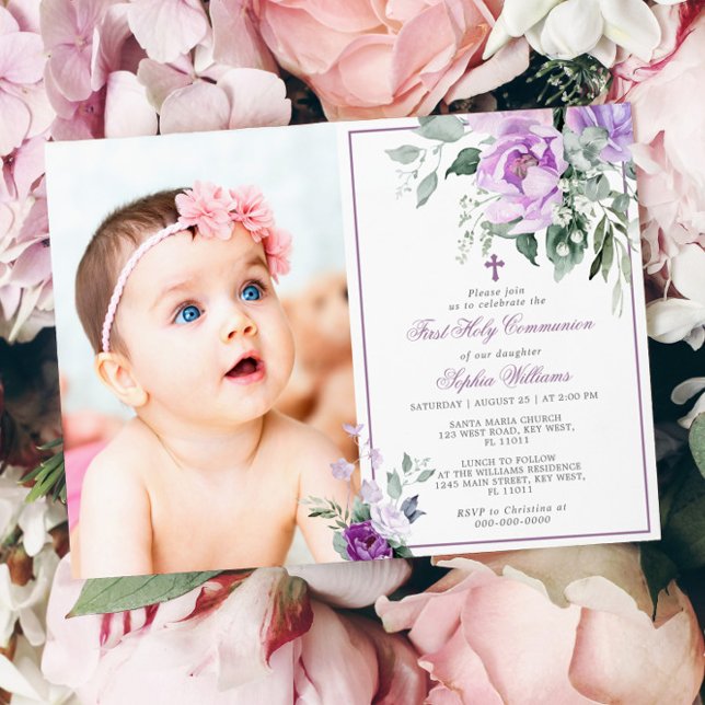 Eucalyptus Violet  Photo Girl First Holy Communion Invitation (Creator Uploaded)