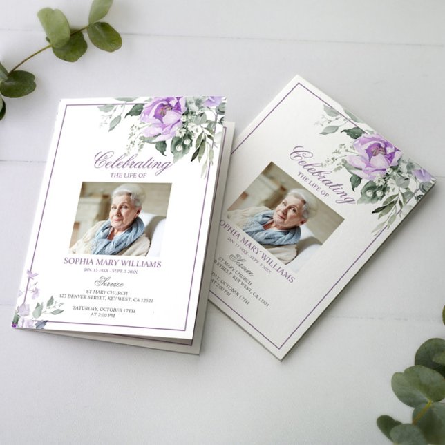 Eucalyptus Violet Photo Memorial Funeral Programs Card (Creator Uploaded)