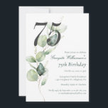 Eucalyptus Watercolor 75th Birthday Script Invitation<br><div class="desc">Cute and modern, yet elegant 75th birthday party invitations. Featuring a trendy layout and watercolor floral and greenery eucalyptus and pink blush. Perfect for any age birthday party invitation. The template that can be easily edited and the text replaced with your own details by clicking the "Personalize" button. For further...</div>