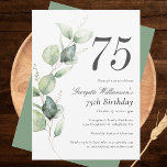 Eucalyptus Watercolor 75th Birthday Script Invitation<br><div class="desc">Cute and modern, yet elegant 75th birthday party invitations. Featuring a trendy layout and watercolor floral and greenery eucalyptus and pink blush. Perfect for any age birthday party invitation. The template that can be easily edited and the text replaced with your own details by clicking the "Personalise" button. For further...</div>