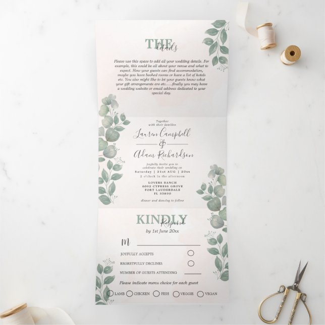 Eucalyptus Watercolor All-in-One Wedding  Tri-Fold Invitation (Inside)