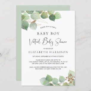 Eucalyptus Watercolor Baby Boy Virtual Shower Invitation