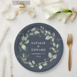 Eucalyptus watercolor botanical blue wedding paper plate<br><div class="desc">Watercolor eucalyptus botanical navy blue foliage wedding favor party decor paper plates. Part of a complete wedding suite</div>
