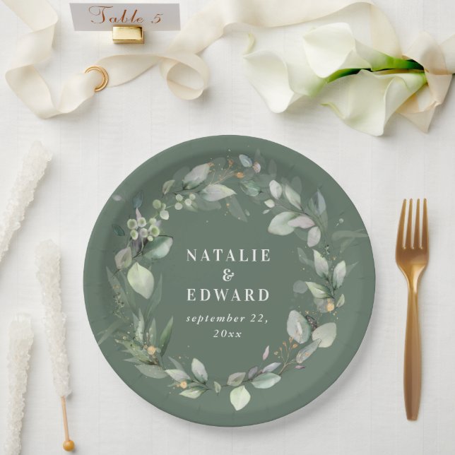 Eucalyptus watercolor botanical green wedding paper plate (Wedding)