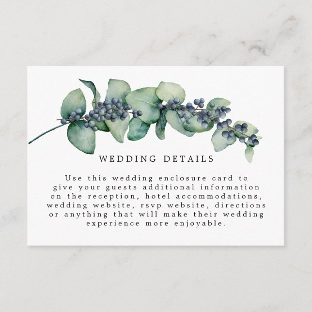Eucalyptus Watercolor Botanical Wedding Details Enclosure Card (Front)