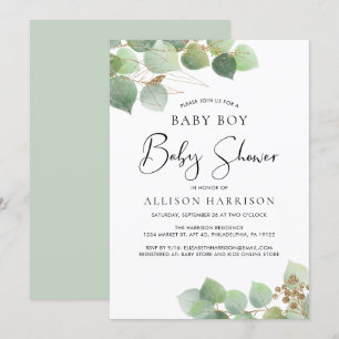 Eucalyptus Watercolor Boy Baby Shower Invitation
