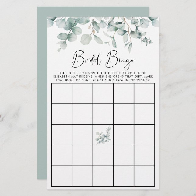 Eucalyptus Watercolor Bridal Bingo Shower Game (Front/Back)