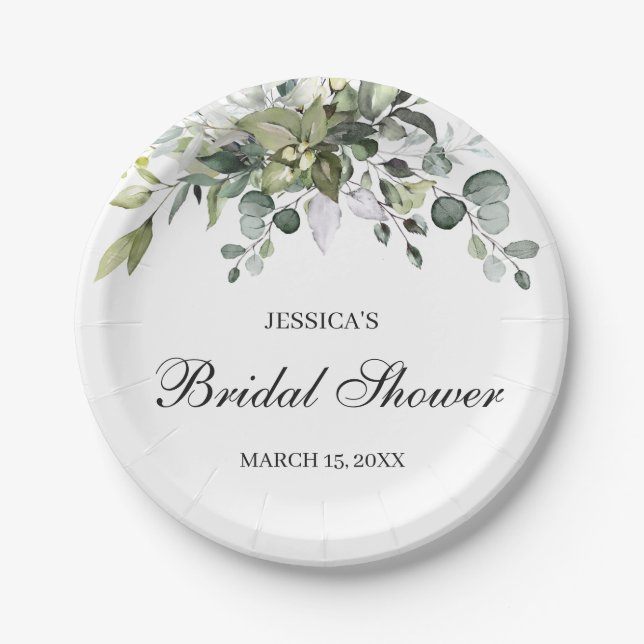 Eucalyptus Watercolor Bridal Shower Paper Plates (Front)