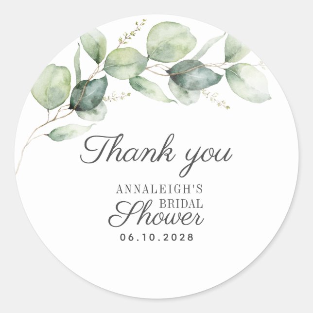 Eucalyptus Watercolor Bridal Shower Thank You Classic Round Sticker (Front)