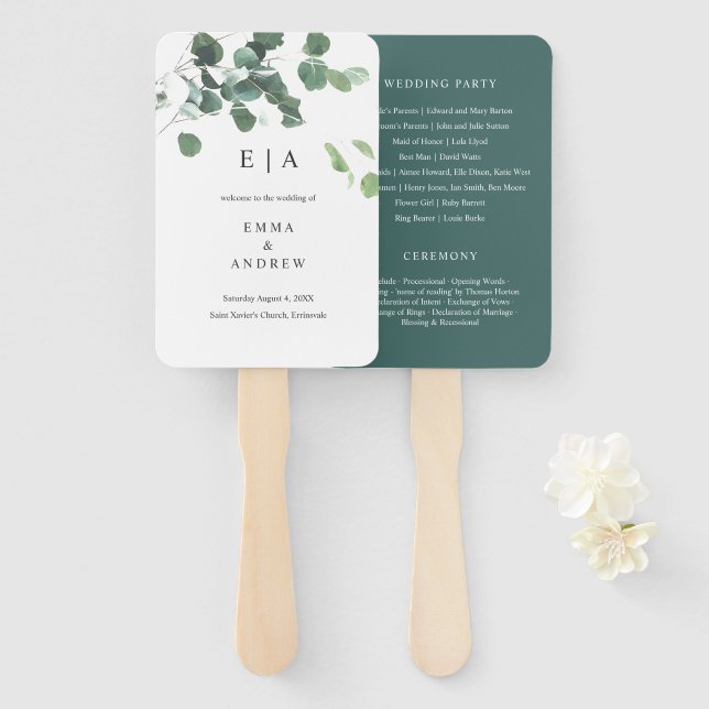 Eucalyptus Watercolor Dark Green Wedding Program Hand Fan (Front and Back)
