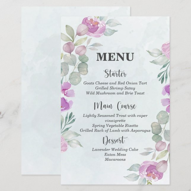 Eucalyptus Watercolor Dusty Blue Wedding Menu (Front/Back)