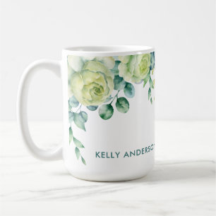 Eucalyptus watercolor floral border with roses coffee mug