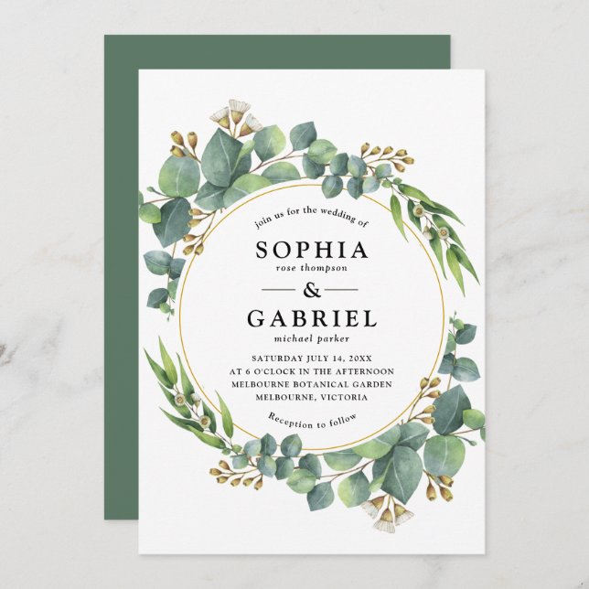 Eucalyptus Watercolor Floral Circle Frame Invitation (Front/Back)