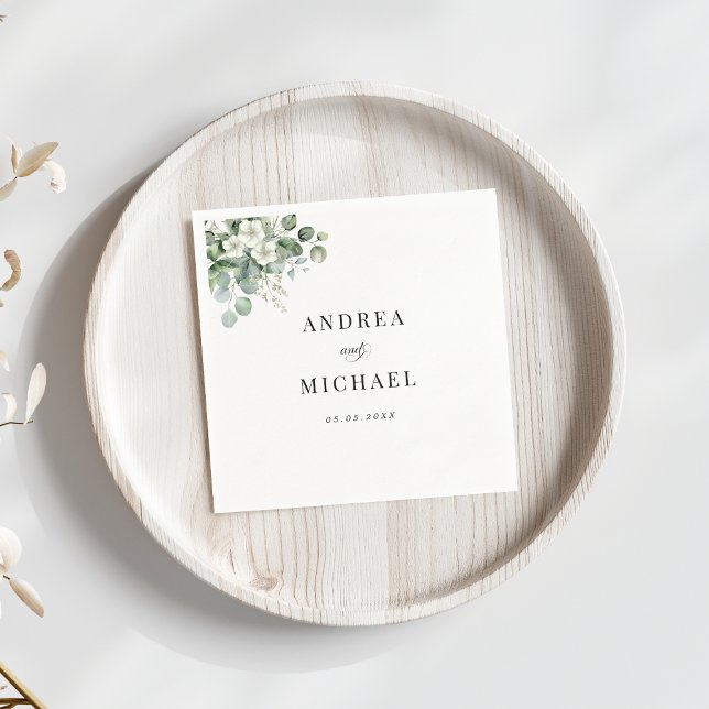 Eucalyptus Watercolor Floral Names Summer Wedding Napkin (Creator Uploaded)