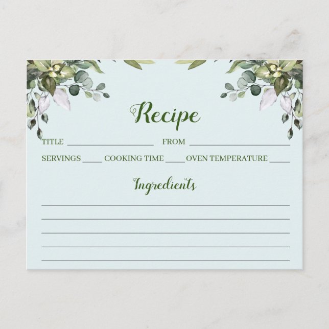 Eucalyptus Watercolor Floral Recipe Card (Front)