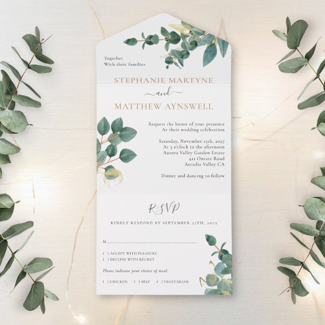Eucalyptus Watercolor Gold Leaves Wedding  All In One Invitation (Creator Uploaded)