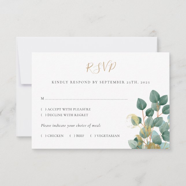 Eucalyptus Watercolor Gold Wedding RSVP Card (Front)