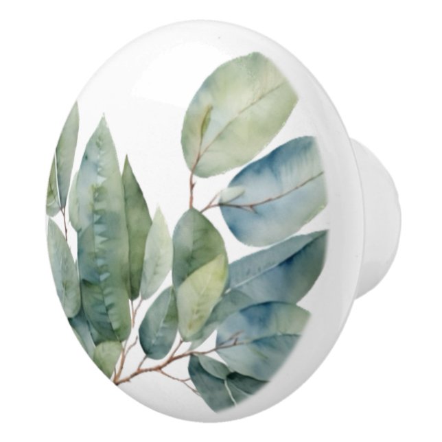 Eucalyptus watercolor greenery ceramic knob (Right)