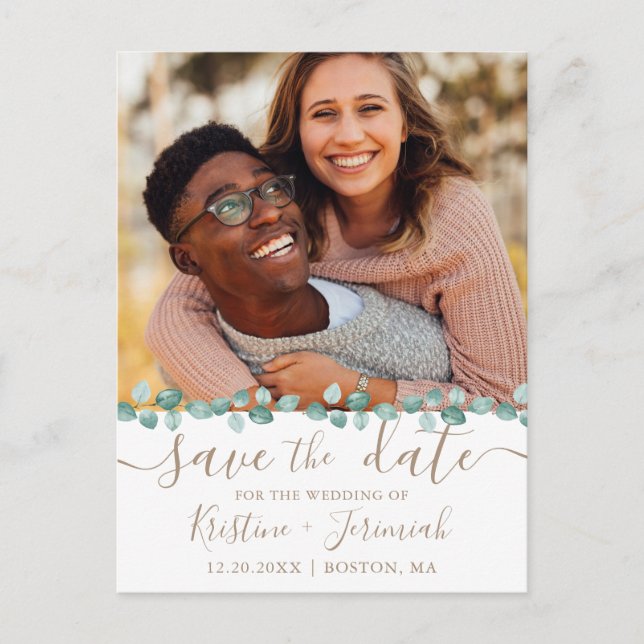 Eucalyptus Watercolor Greenery Photo Save the Date Announcement Postcard (Front)