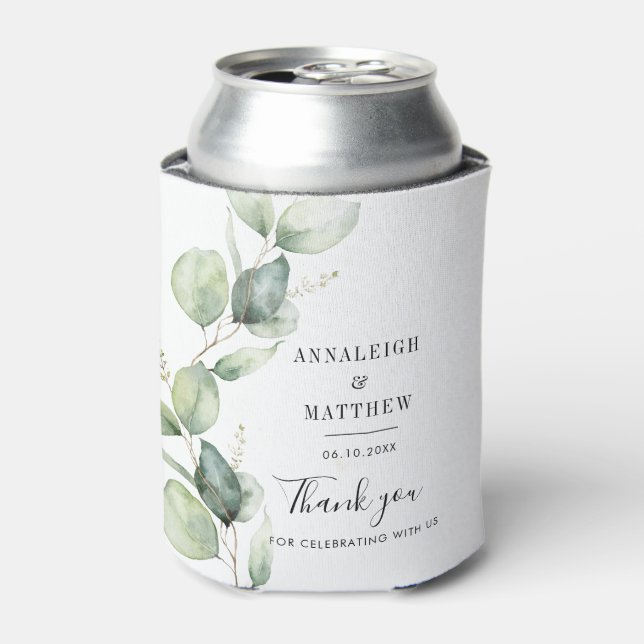 Eucalyptus Watercolor Greenery Wedding Favours Can Cooler (Can Front)