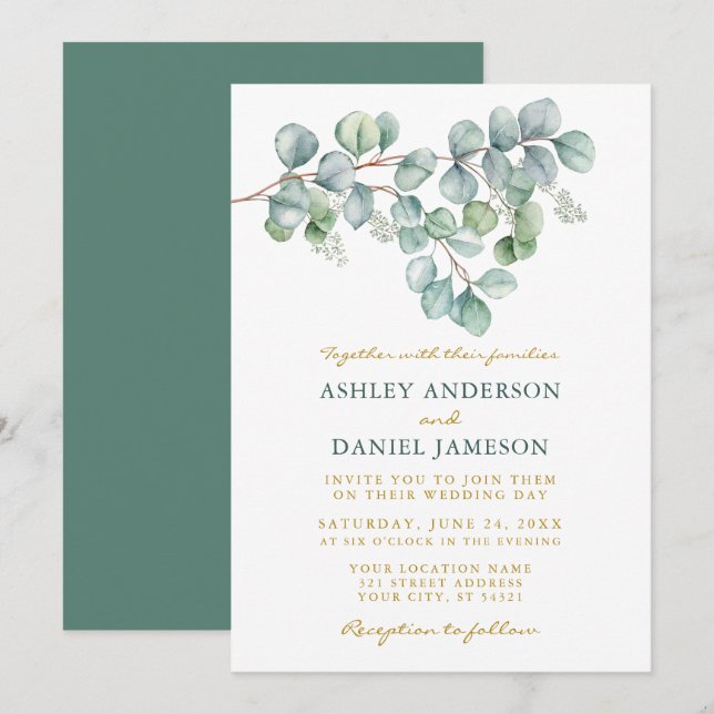 Eucalyptus Watercolor Greenery Wedding Gold Invitation (Front/Back)