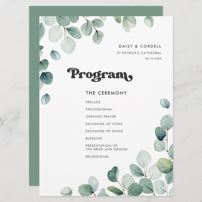 Eucalyptus watercolor greenery wedding programme (Front/Back)