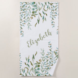 Eucalyptus Watercolor Leaves Beach Towel