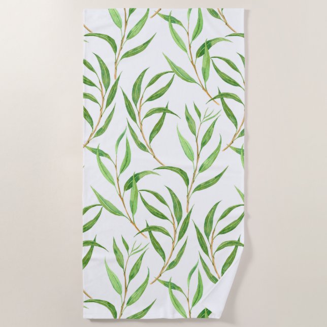 Eucalyptus watercolor pattern on white beach towel (Front)