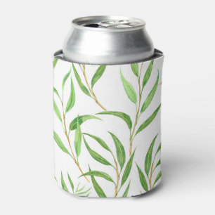 Eucalyptus watercolor pattern on white can cooler