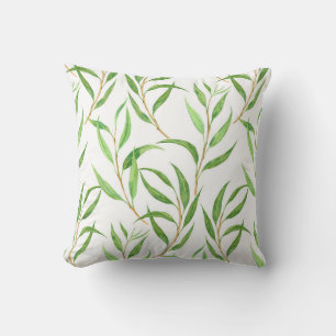 Eucalyptus watercolor pattern on white cushion