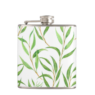 Eucalyptus watercolor pattern on white hip flask