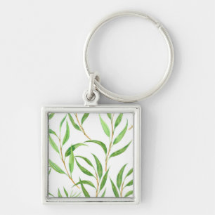Eucalyptus watercolor pattern on white key ring