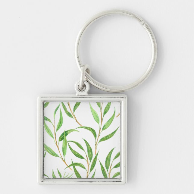 Eucalyptus watercolor pattern on white key ring (Front)