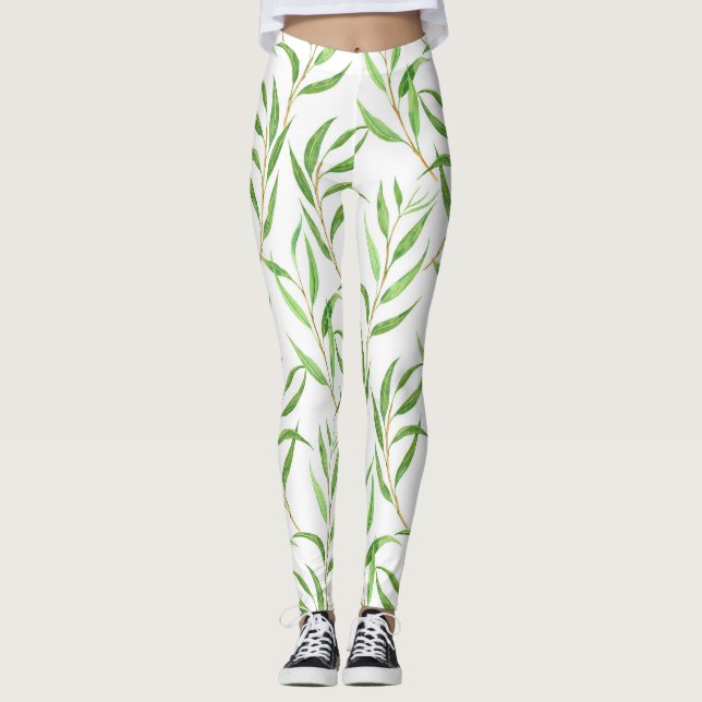 Eucalyptus watercolor pattern on white leggings (Front)