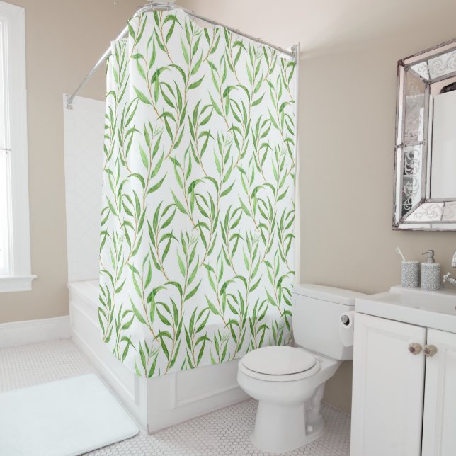Eucalyptus watercolor pattern on white shower curtain (In Situ)