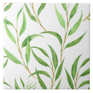 Eucalyptus watercolor pattern on white tile