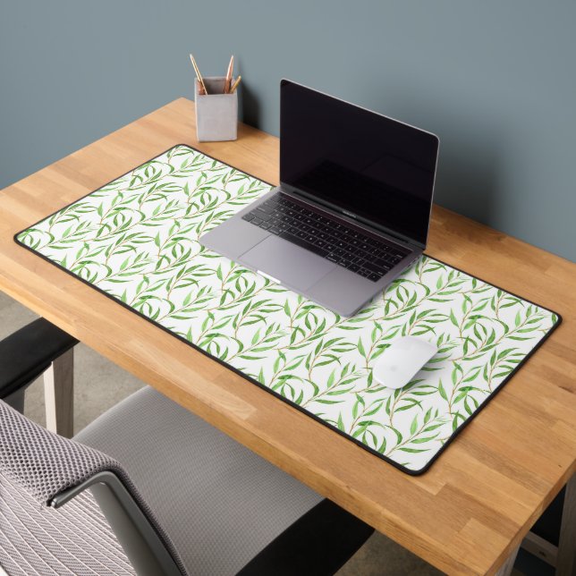 Eucalyptus watercolor pattern on white wrapping pa desk mat (Office 2)