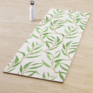Eucalyptus watercolor pattern on white yoga mat
